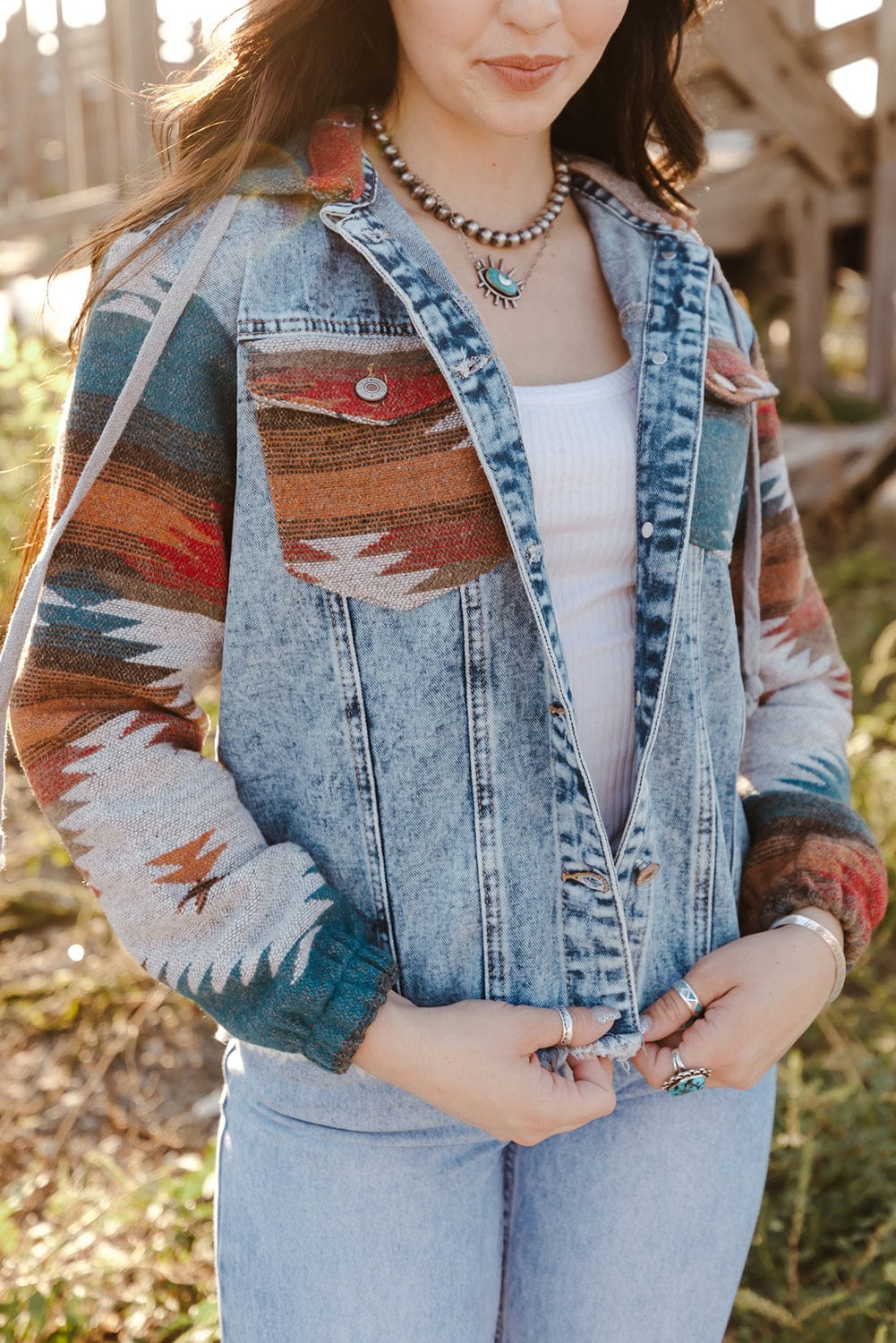 Multicolor Aztec Print Denim Jacket - ShalayeFashion