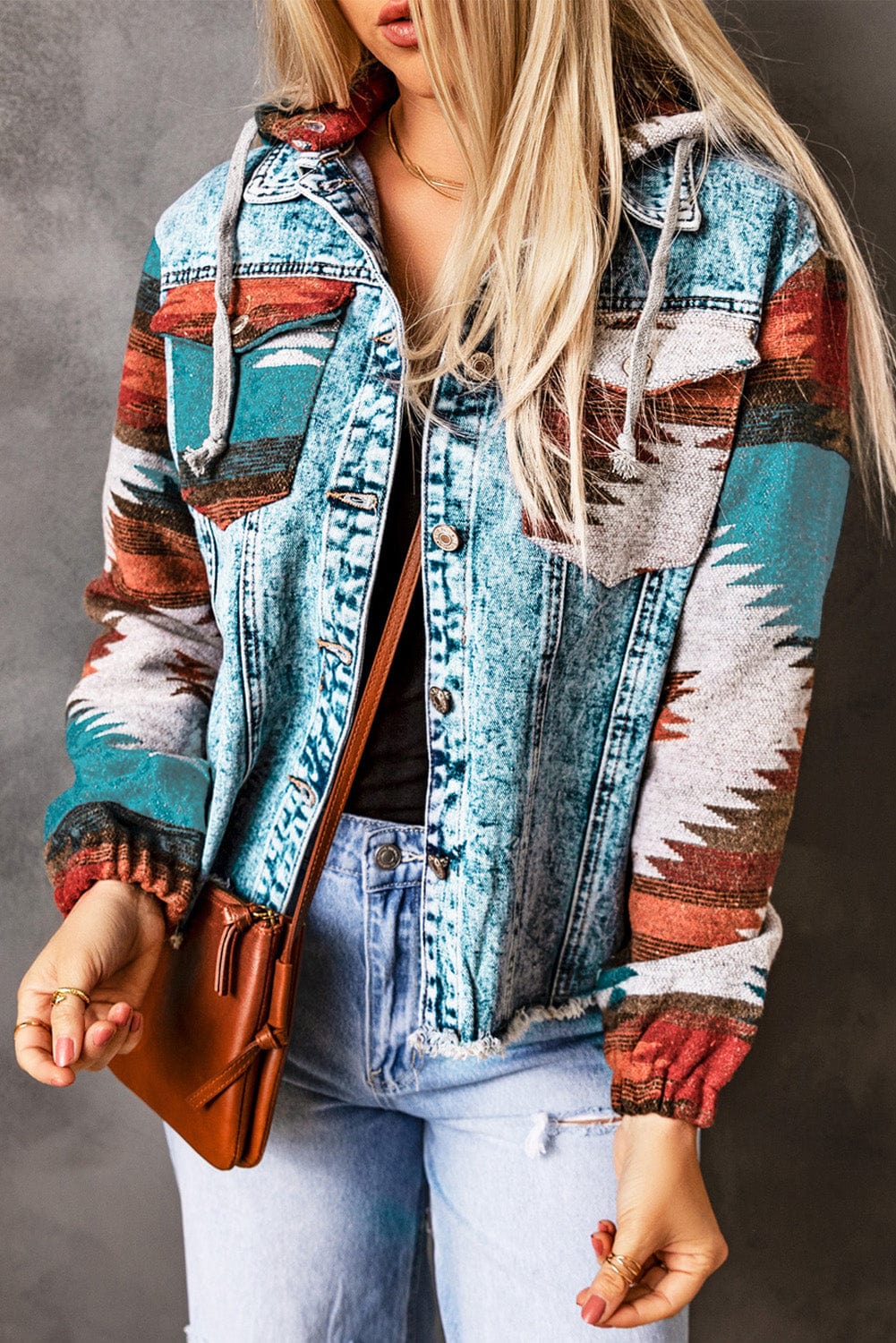 Multicolor Aztec Print Denim Jacket - ShalayeFashion
