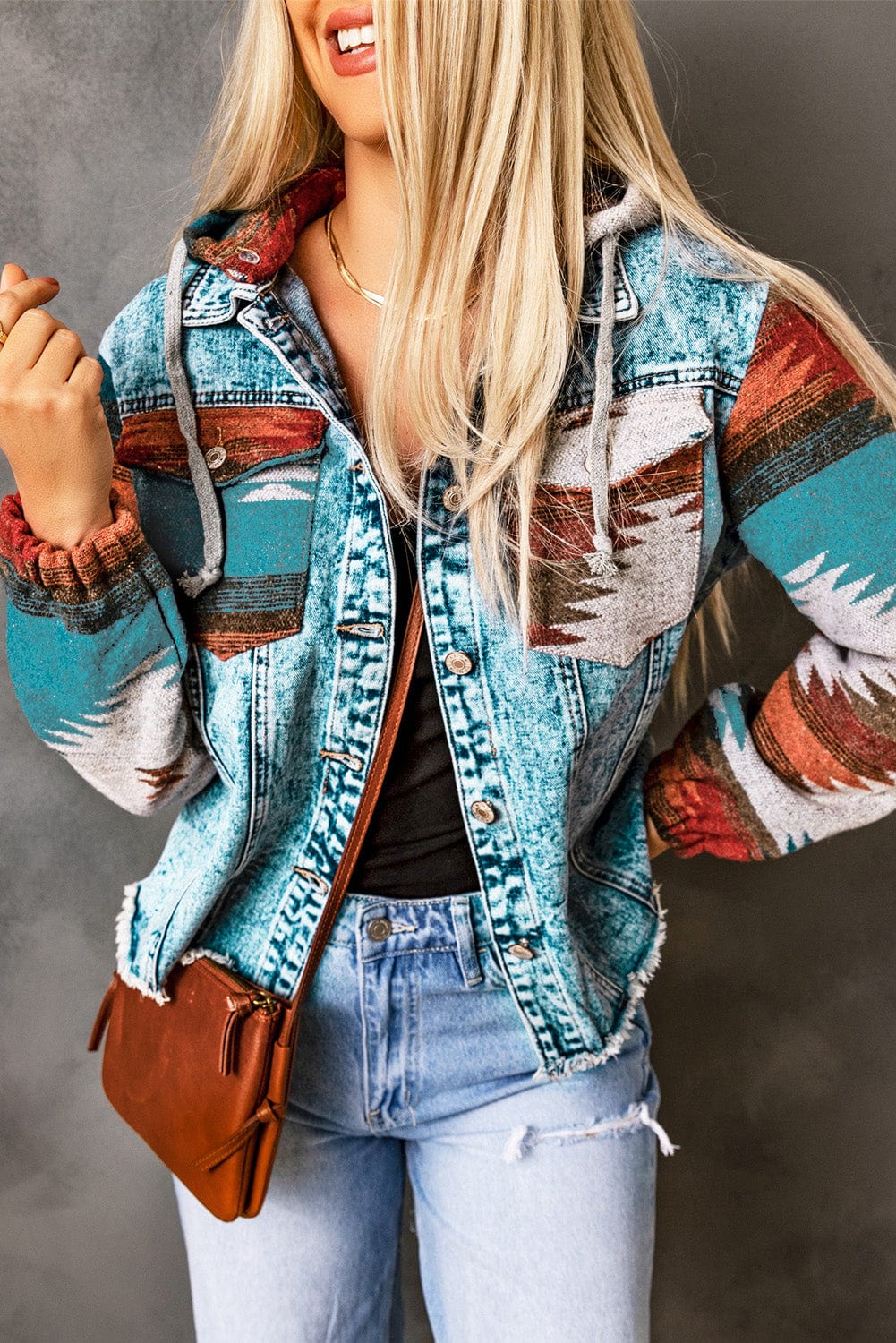 Multicolor Aztec Print Denim Jacket - ShalayeFashion