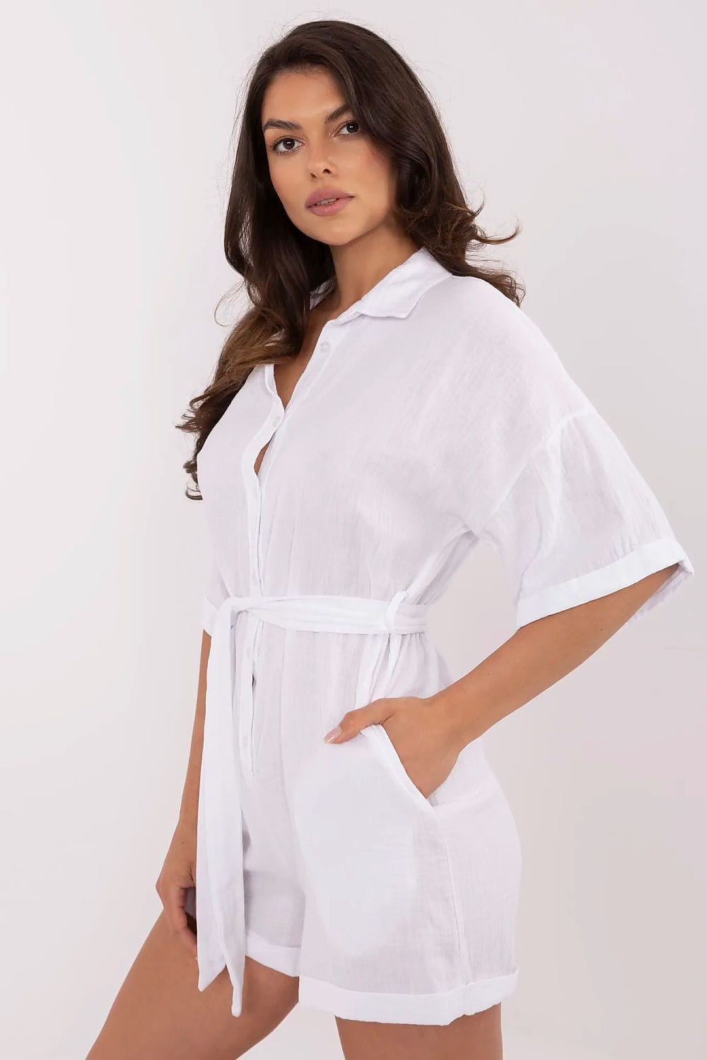 Muslin Cotton Jumpsuit Button Front Belt - ShalayeFashion