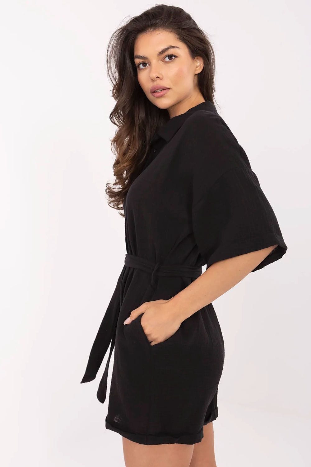 Muslin Cotton Jumpsuit Button Front Belt - ShalayeFashion