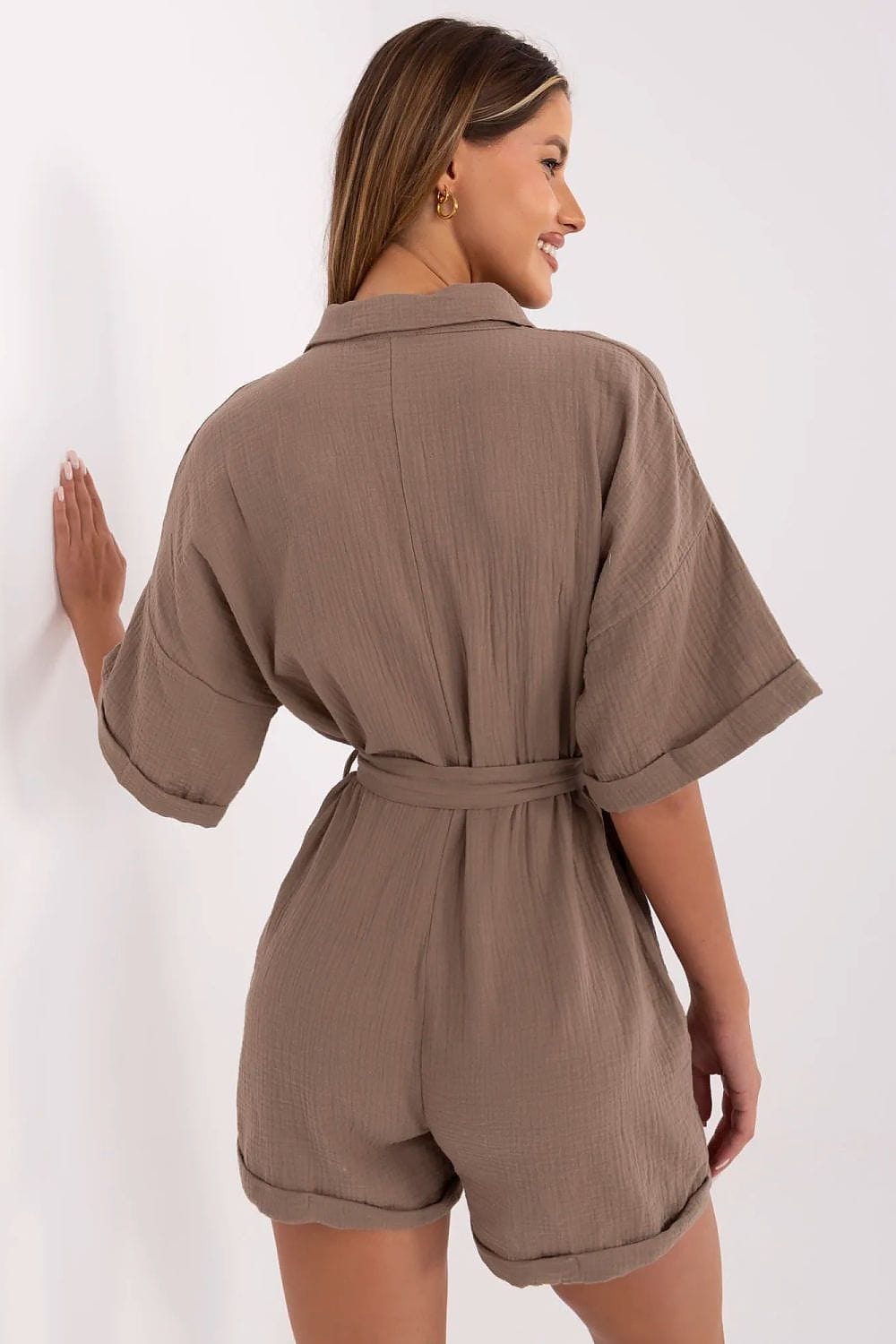 Muslin Cotton Jumpsuit Button Front Belt - ShalayeFashion