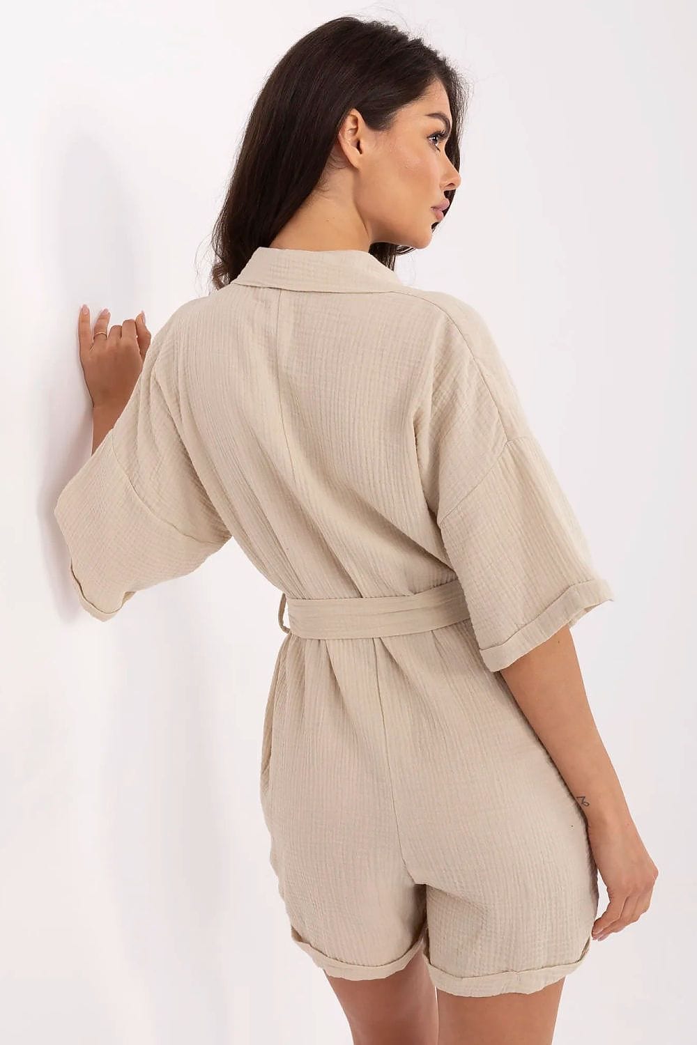 Muslin Cotton Jumpsuit Button Front Belt - ShalayeFashion