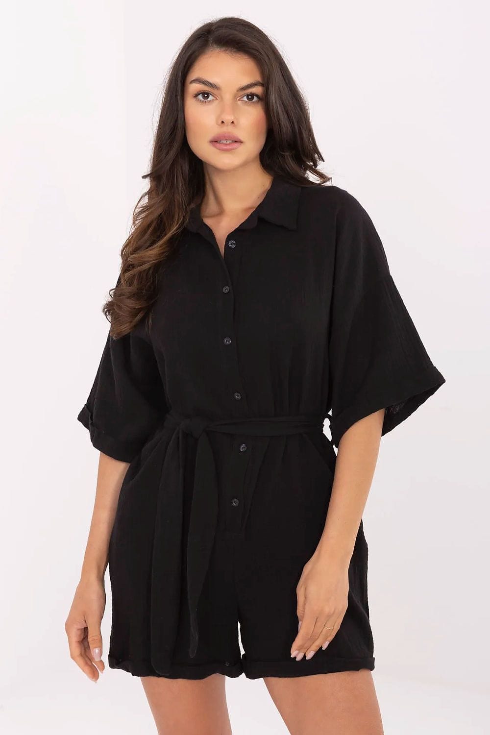 Muslin Cotton Jumpsuit Button Front Belt - ShalayeFashion