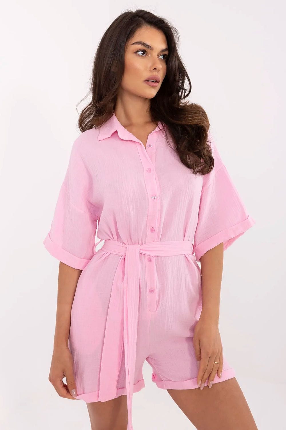Muslin Cotton Jumpsuit Button Front Belt - ShalayeFashion