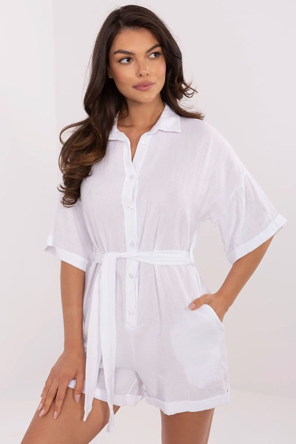 Muslin Cotton Jumpsuit Button Front Belt - ShalayeFashion