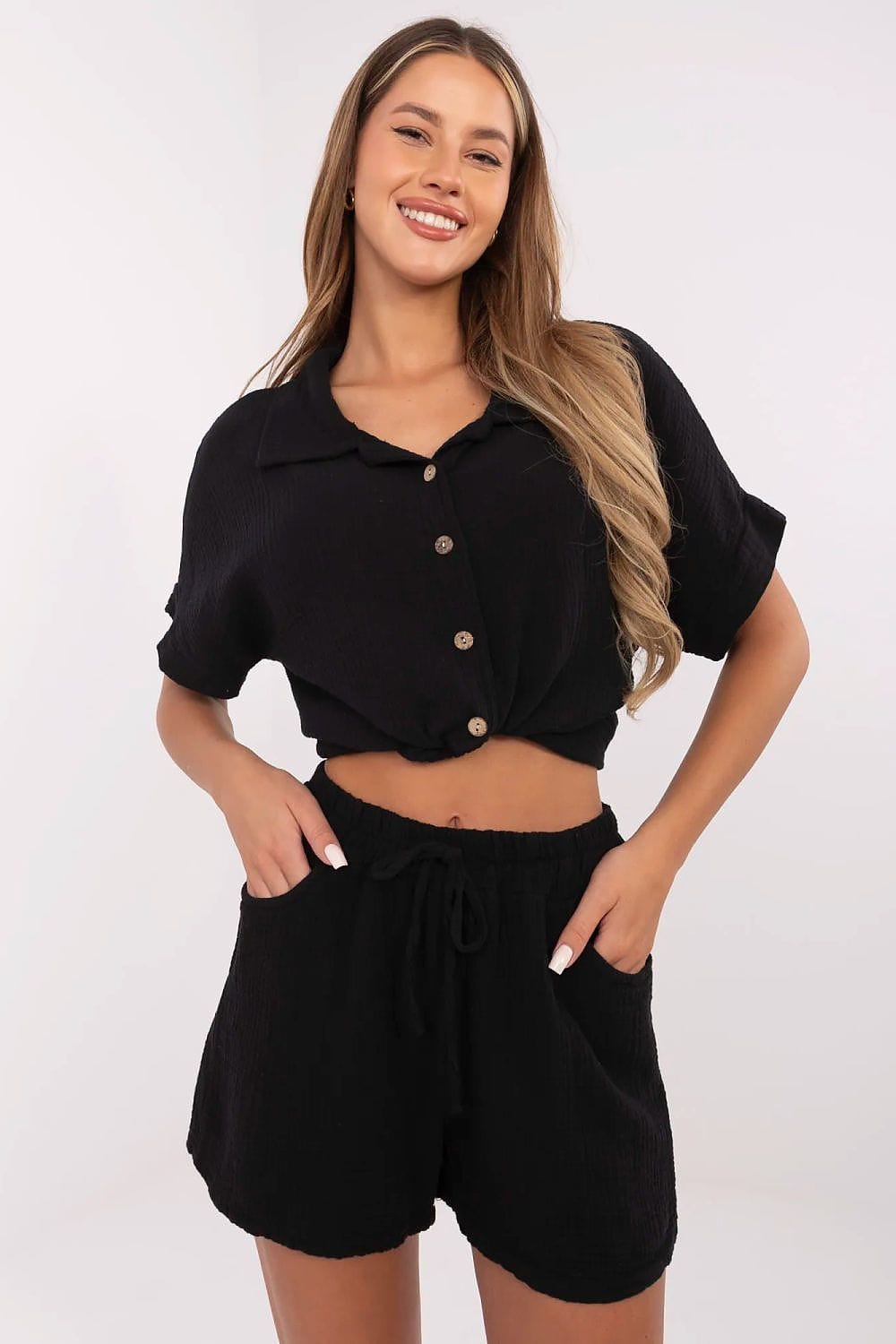 Muslin Cotton Shorts High Waist Wide - ShalayeFashion