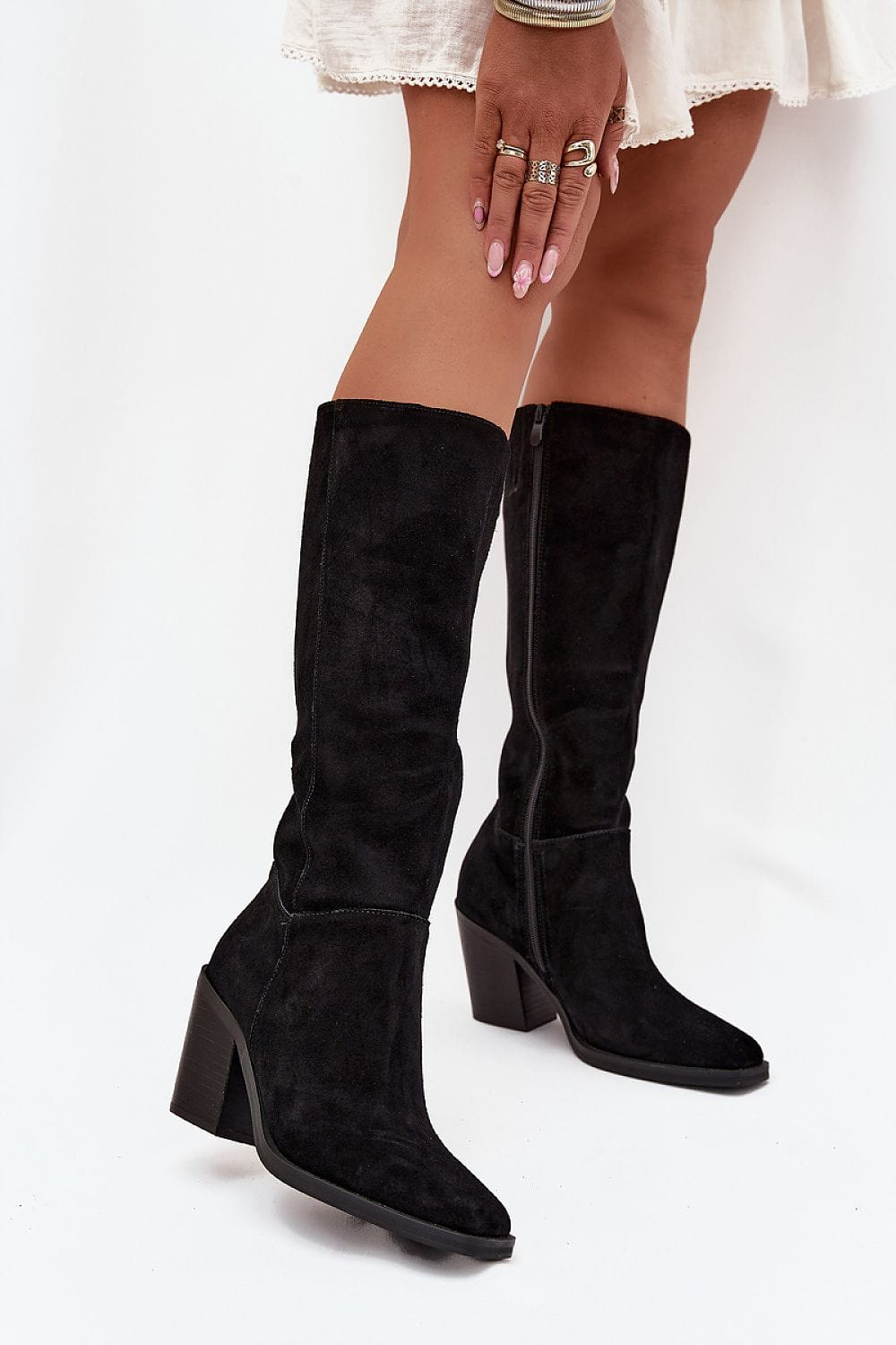 Natural Suede Column Heel Boots Women - ShalayeFashion