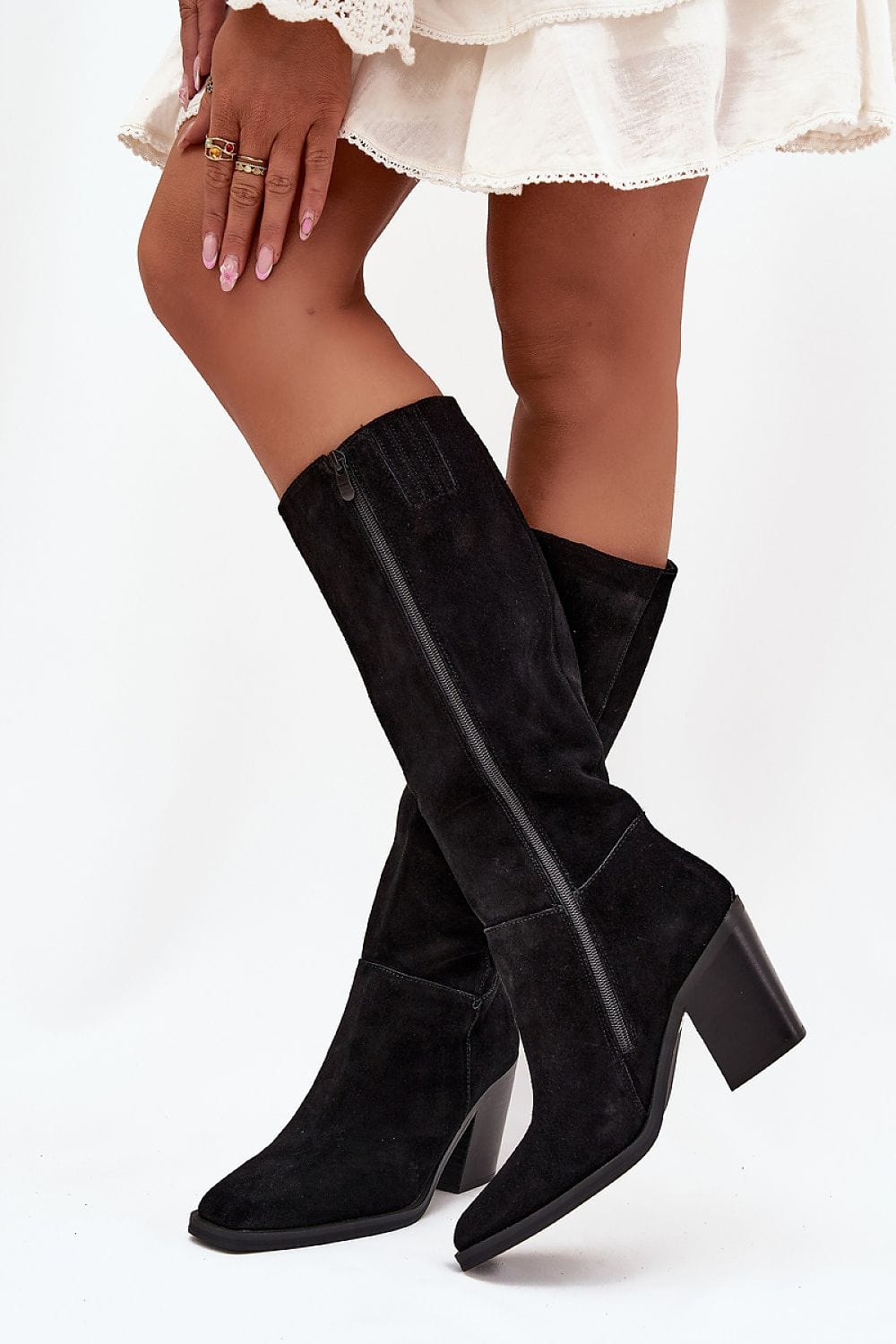 Natural Suede Column Heel Boots Women - ShalayeFashion