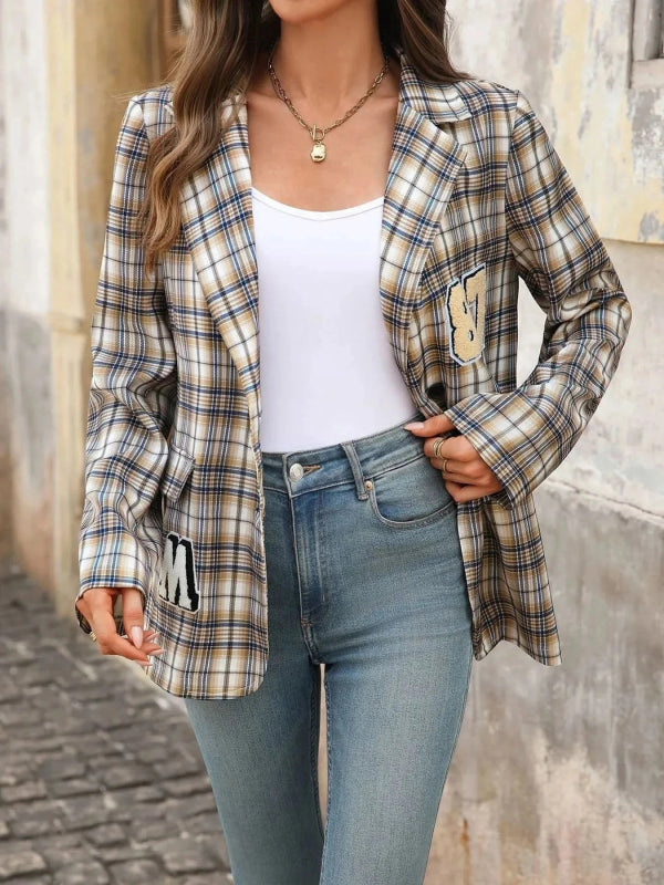 Number 87 Plaid Long Sleeve Blazer - ShalayeFashion