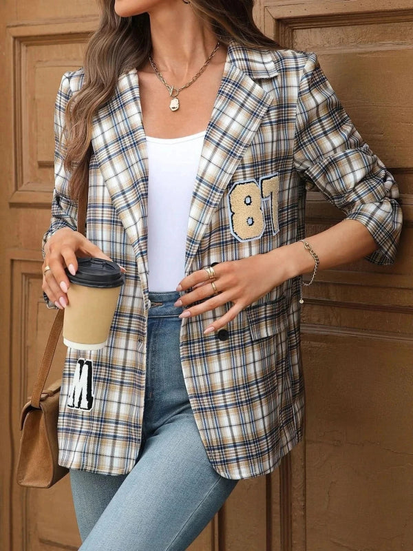 Number 87 Plaid Long Sleeve Blazer - ShalayeFashion
