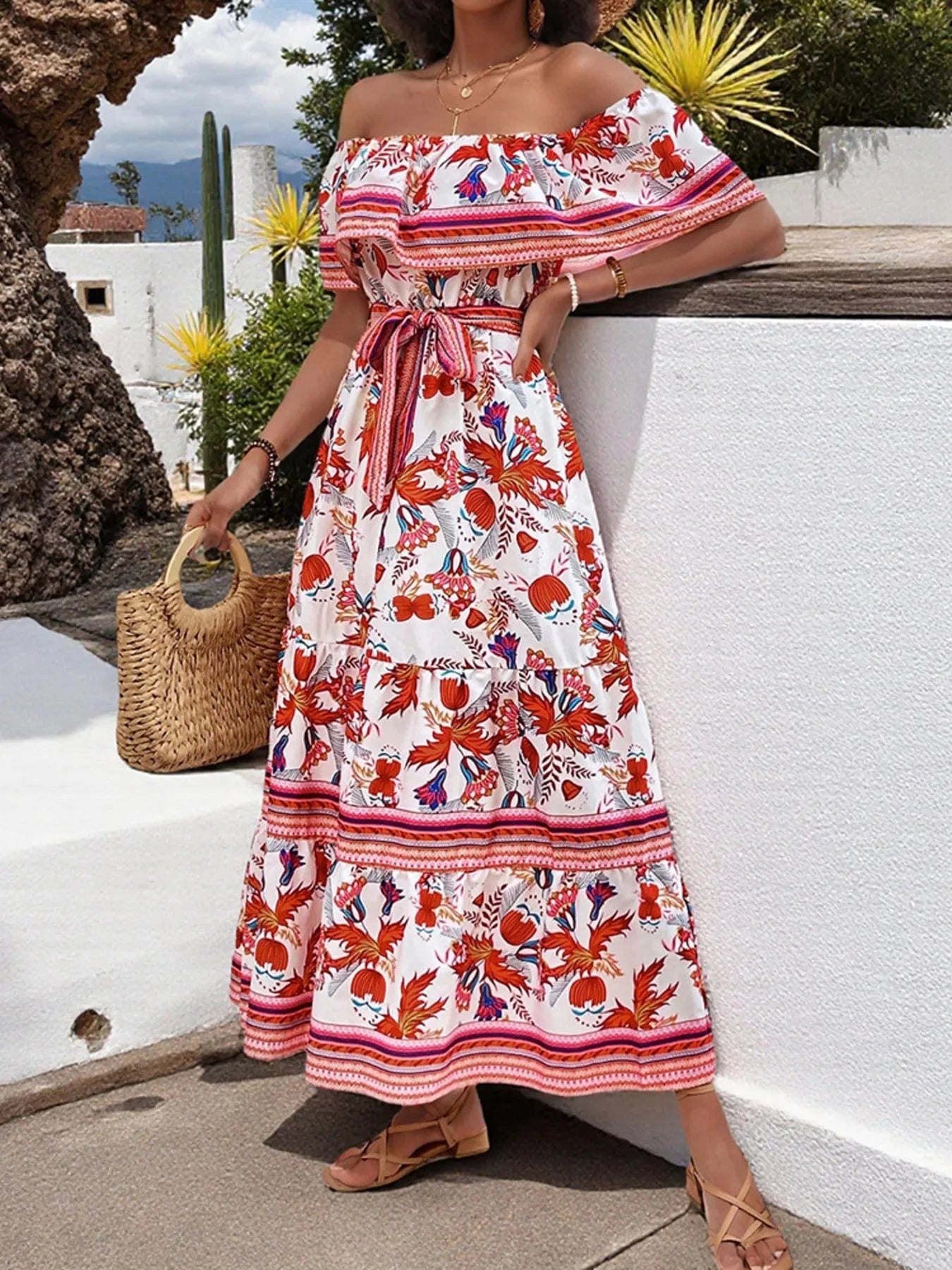 Off - Shoulder Floral Maxi Dress - ShalayeFashion