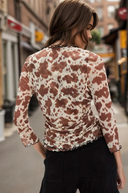 Oh Full Size Animal Print Button Down Plunge Top - ShalayeFashion