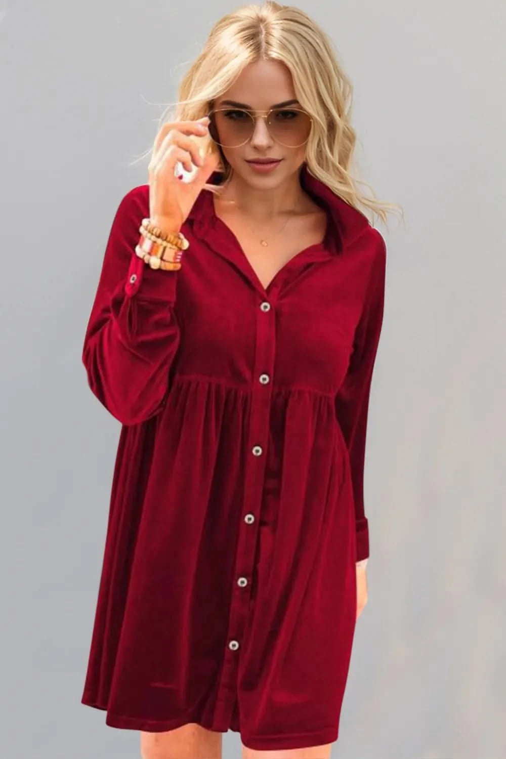 Oh Full Size Collared Neck Long Sleeve Mini Dress - ShalayeFashion