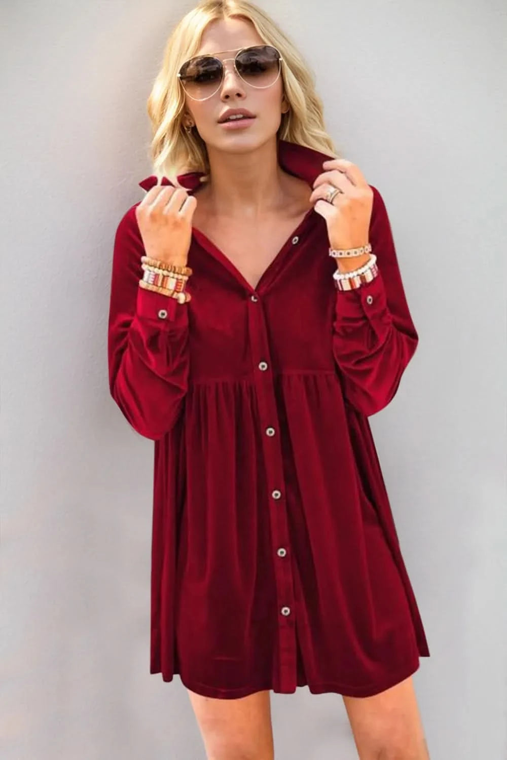 Oh Full Size Collared Neck Long Sleeve Mini Dress - ShalayeFashion