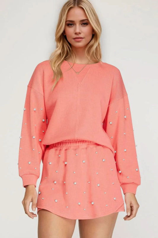 Oh Pearl Trim Round Neck Long Sleeve Top and Skirt Set - ShalayeFashion