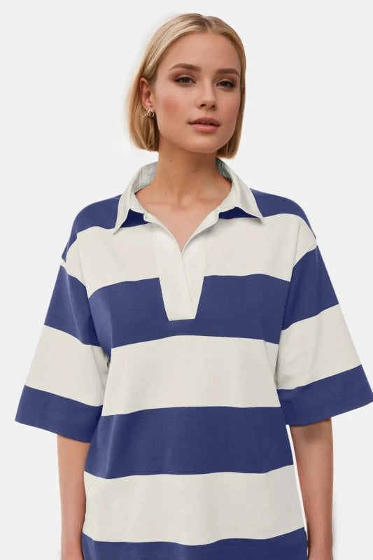 Oh Pima Cotton Wash Color Block Johnny Collar Half Sleeve Top - ShalayeFashion