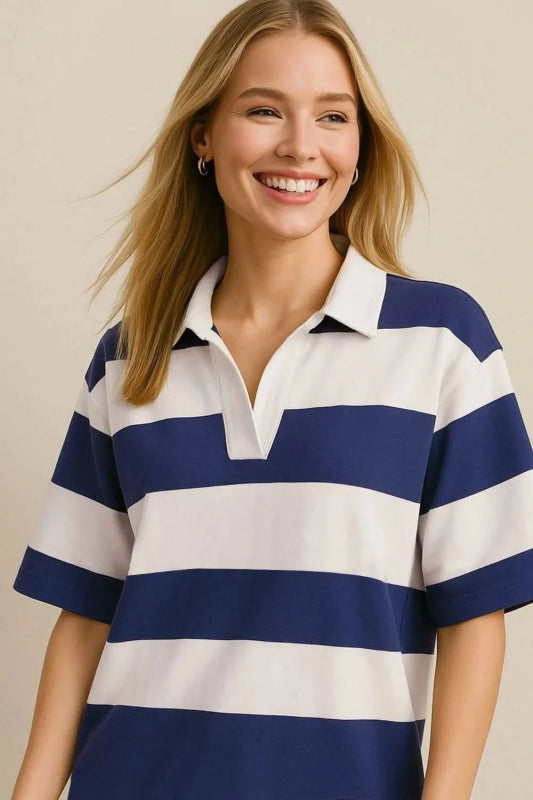 Oh Pima Cotton Wash Color Block Johnny Collar Half Sleeve Top - ShalayeFashion