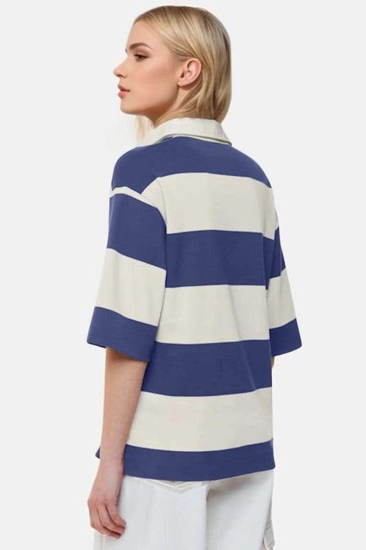 Oh Pima Cotton Wash Color Block Johnny Collar Half Sleeve Top - ShalayeFashion