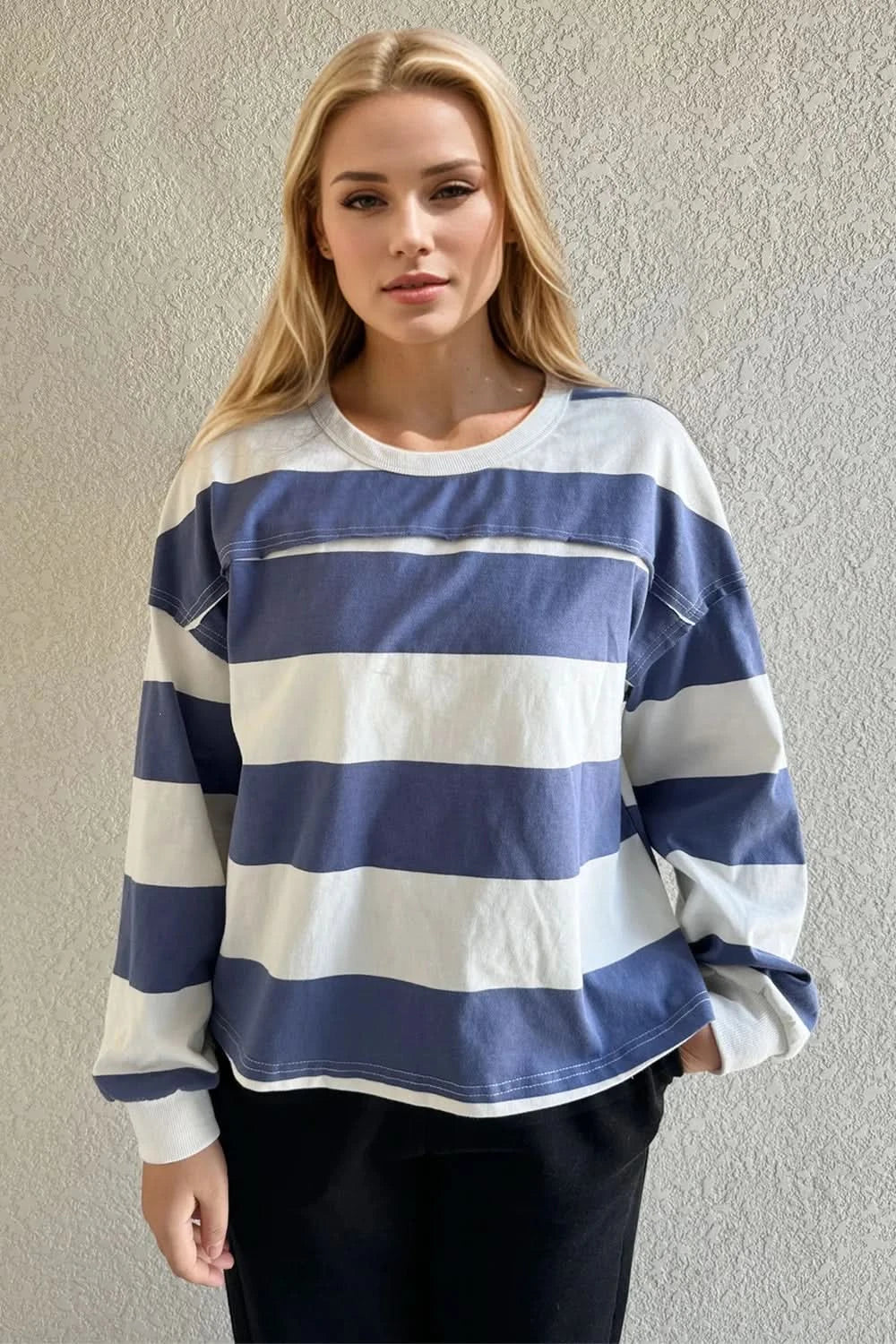 Oh Pima Cotton Wash Exposed Seam Contrast Striped Round Neck Long Sleeve T-Shirt - ShalayeFashion