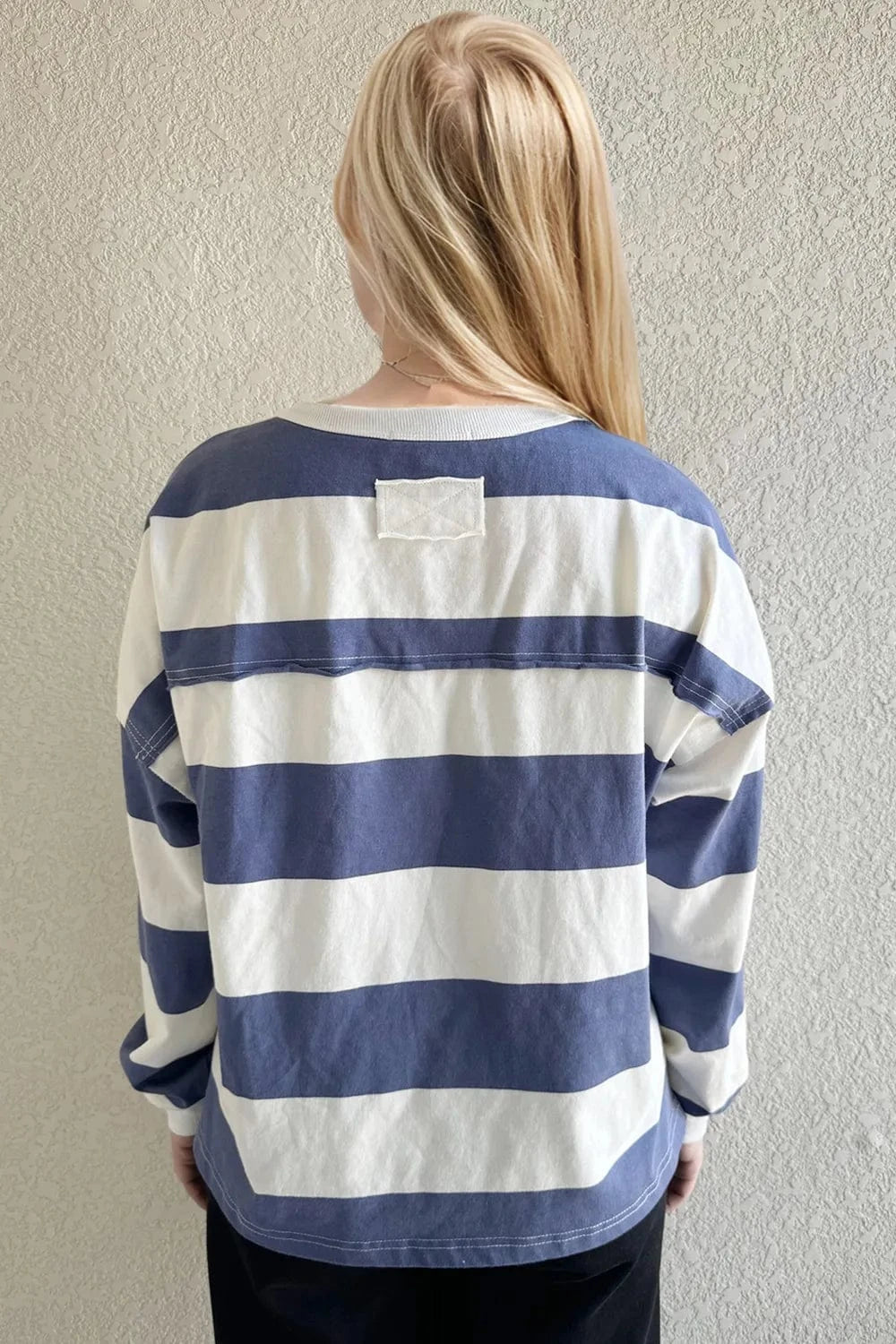 Oh Pima Cotton Wash Exposed Seam Contrast Striped Round Neck Long Sleeve T-Shirt - ShalayeFashion