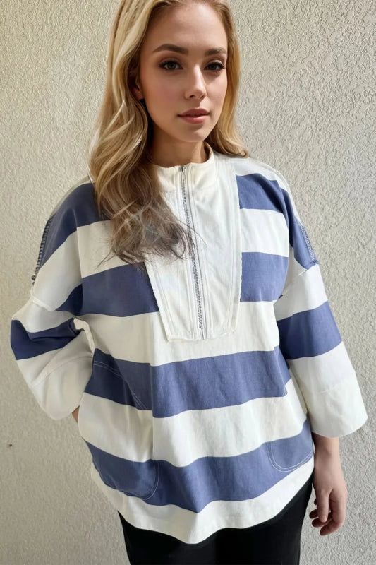 Oh Pima Cotton Wash Striped Half Zip Mock Neck Long Sleeve Top - ShalayeFashion