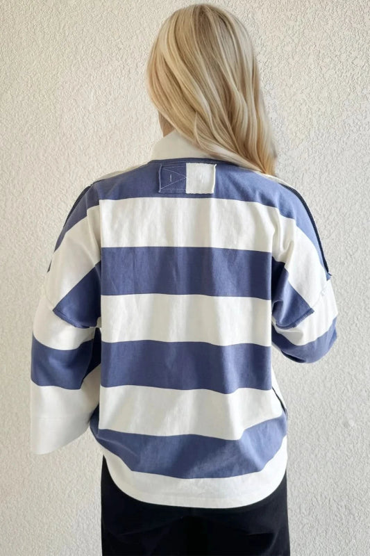Oh Pima Cotton Wash Striped Half Zip Mock Neck Long Sleeve Top - ShalayeFashion