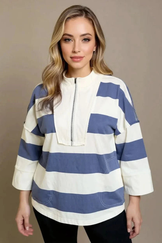 Oh Pima Cotton Wash Striped Half Zip Mock Neck Long Sleeve Top - ShalayeFashion