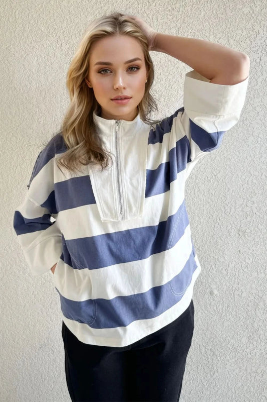 Oh Pima Cotton Wash Striped Half Zip Mock Neck Long Sleeve Top - ShalayeFashion