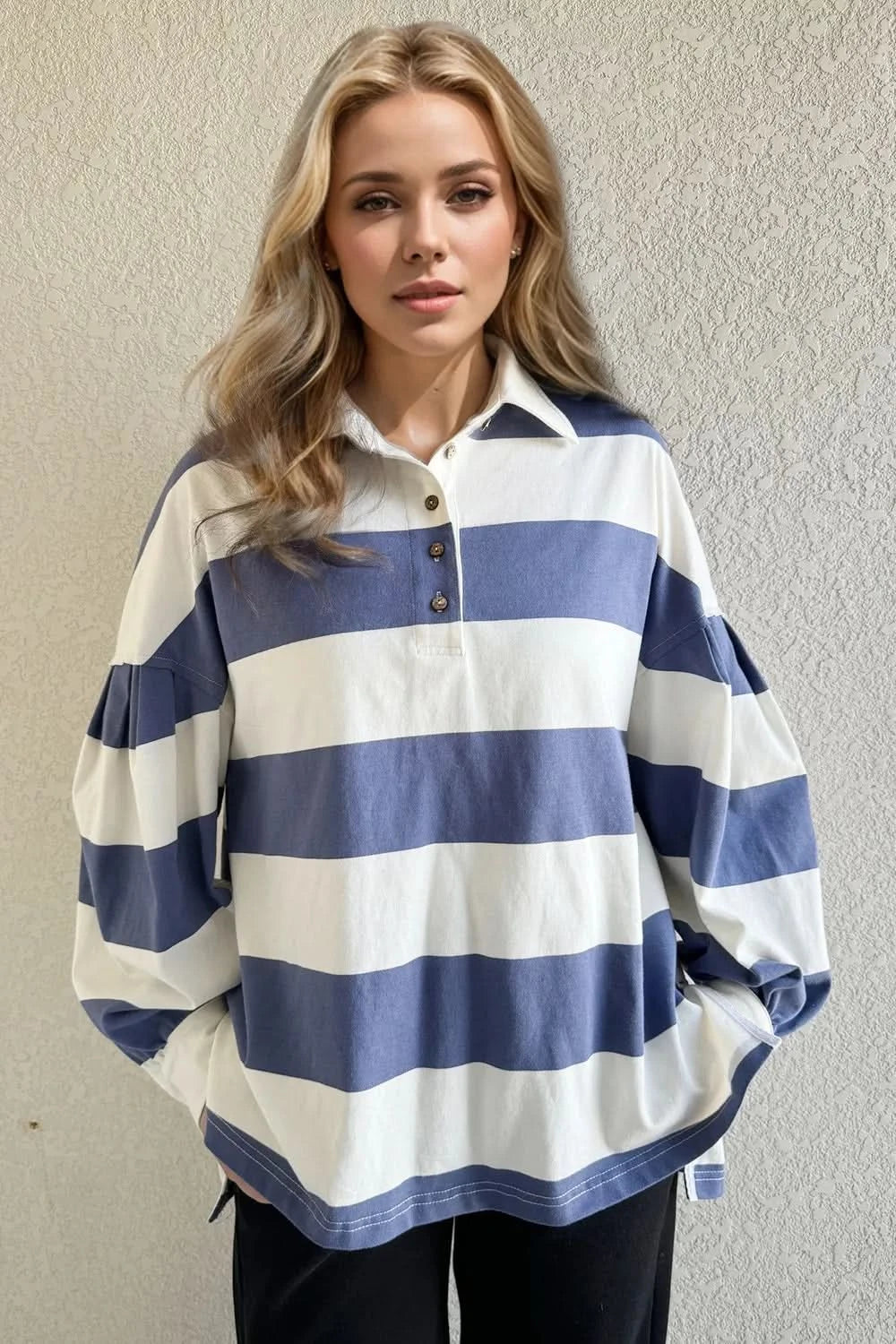 Oh Pima Cotton Wash Wide Striped Collared Neck Long Sleeve Top - ShalayeFashion