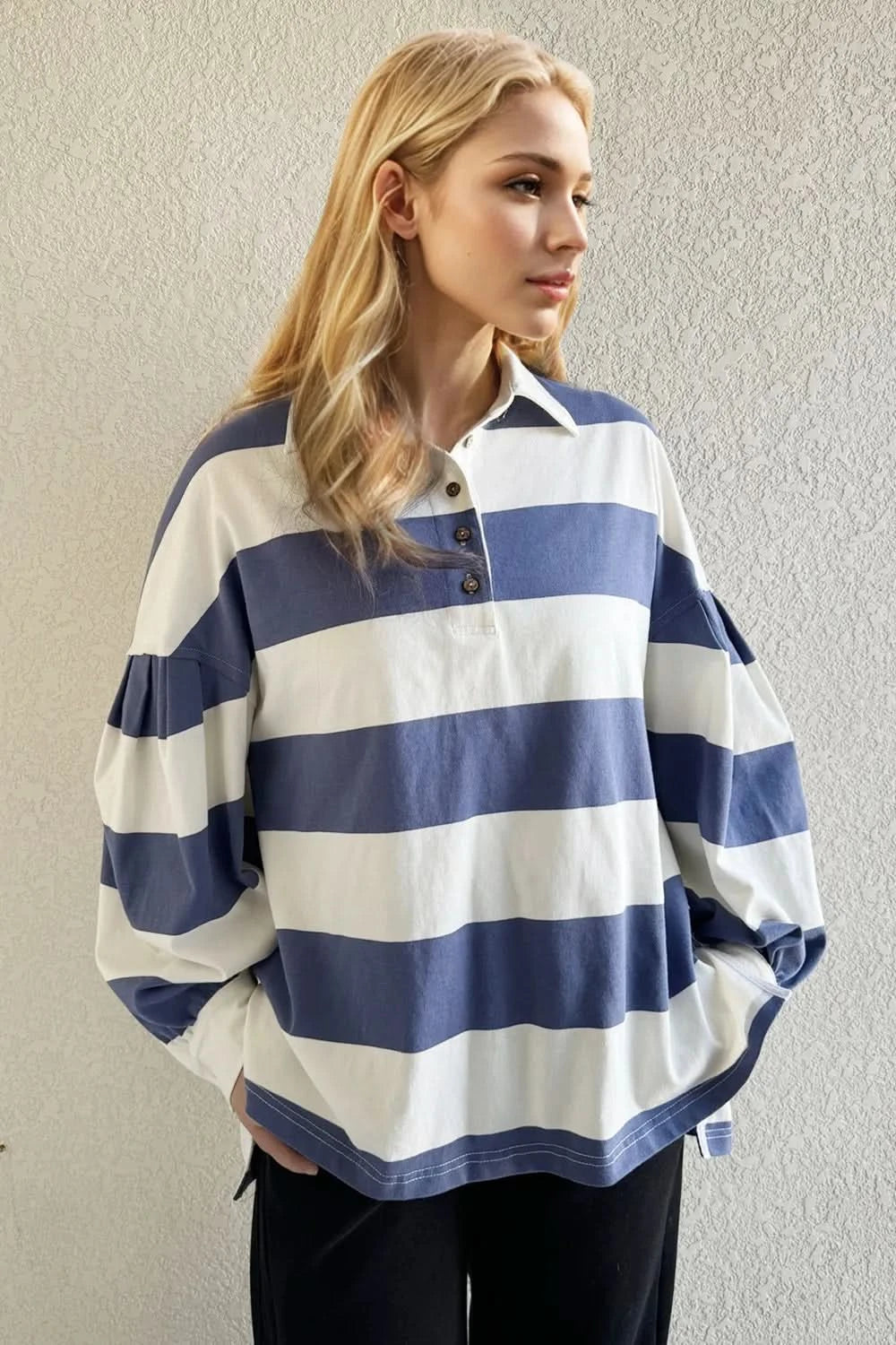 Oh Pima Cotton Wash Wide Striped Collared Neck Long Sleeve Top - ShalayeFashion