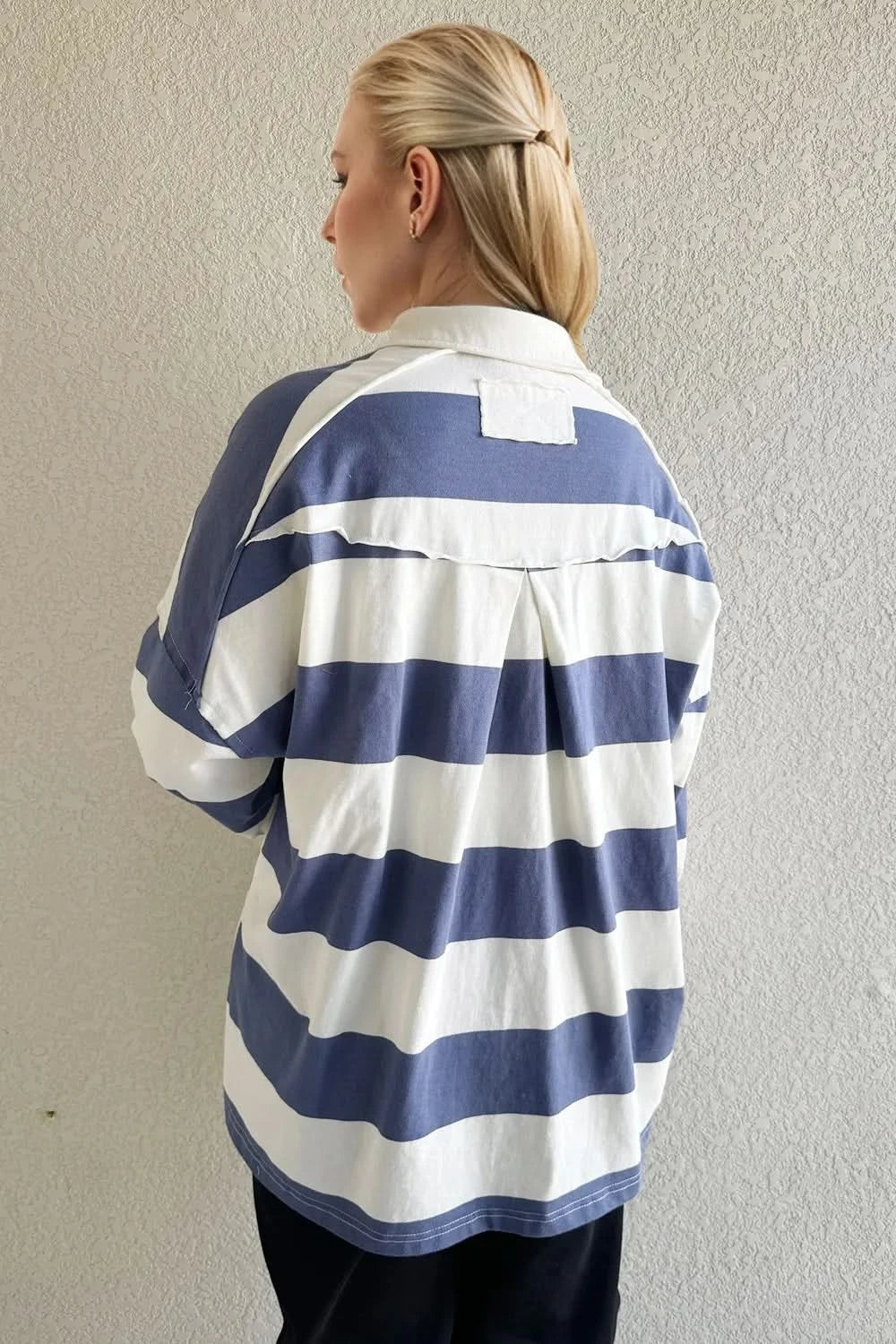 Oh Pima Cotton Wash Wide Striped Collared Neck Long Sleeve Top - ShalayeFashion
