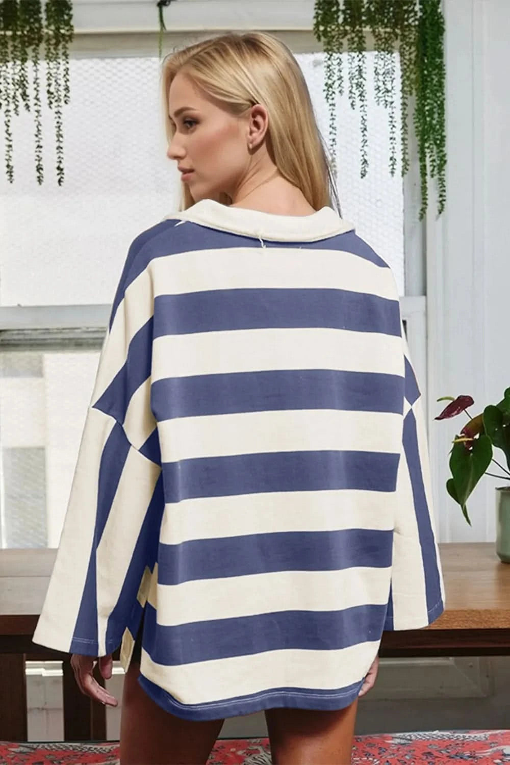 Oh Striped Johnny Collar Long Sleeve T-Shirt - ShalayeFashion