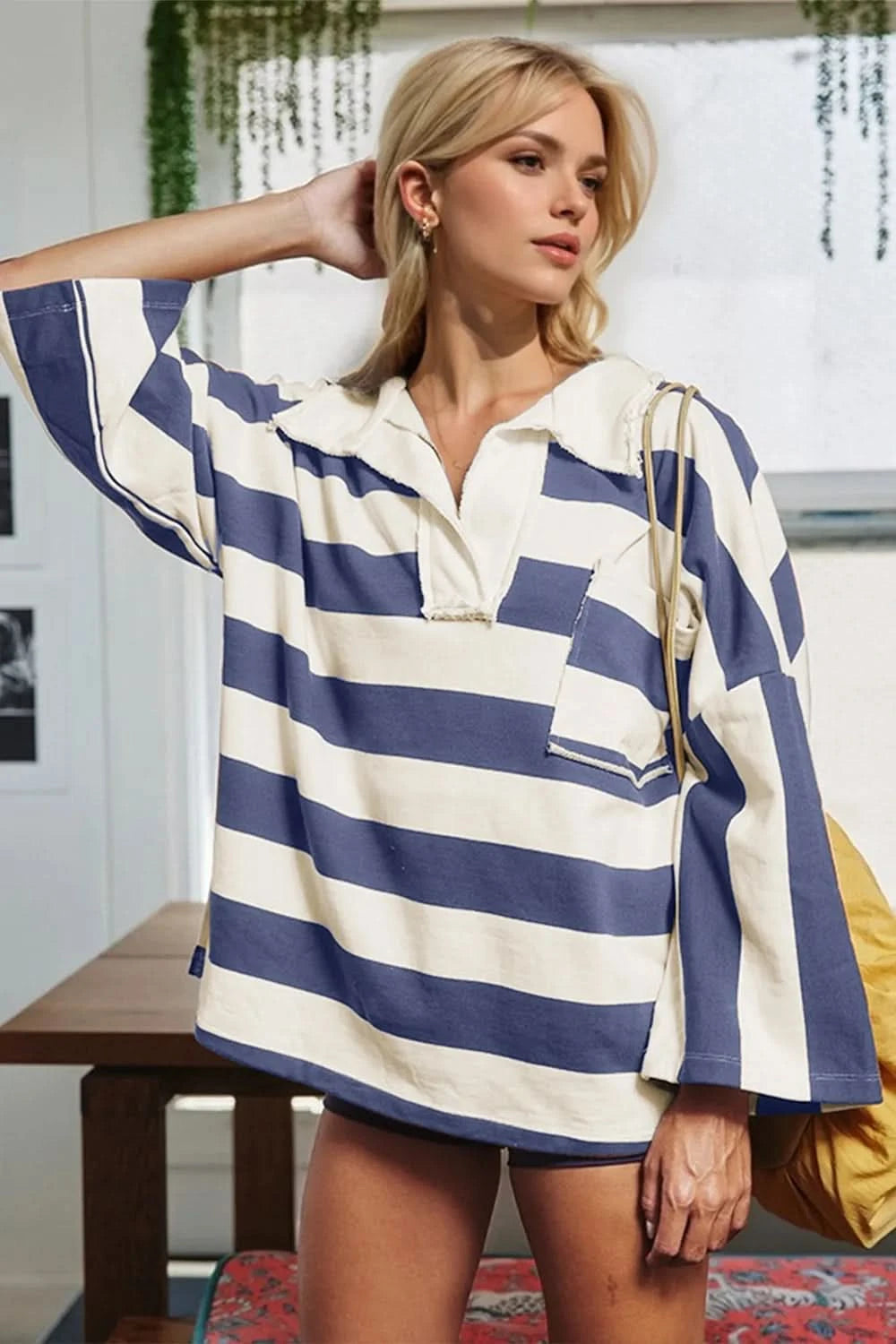 Oh Striped Johnny Collar Long Sleeve T-Shirt - ShalayeFashion