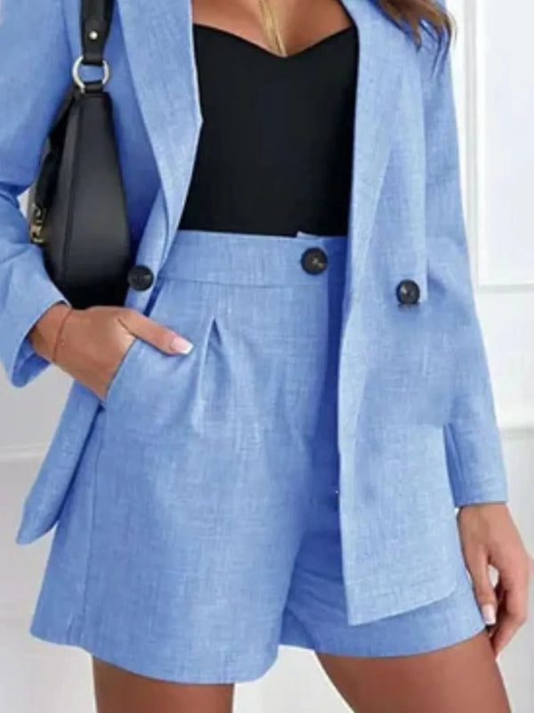 One Button Lapel Collar Blazer and Shorts Set - ShalayeFashion