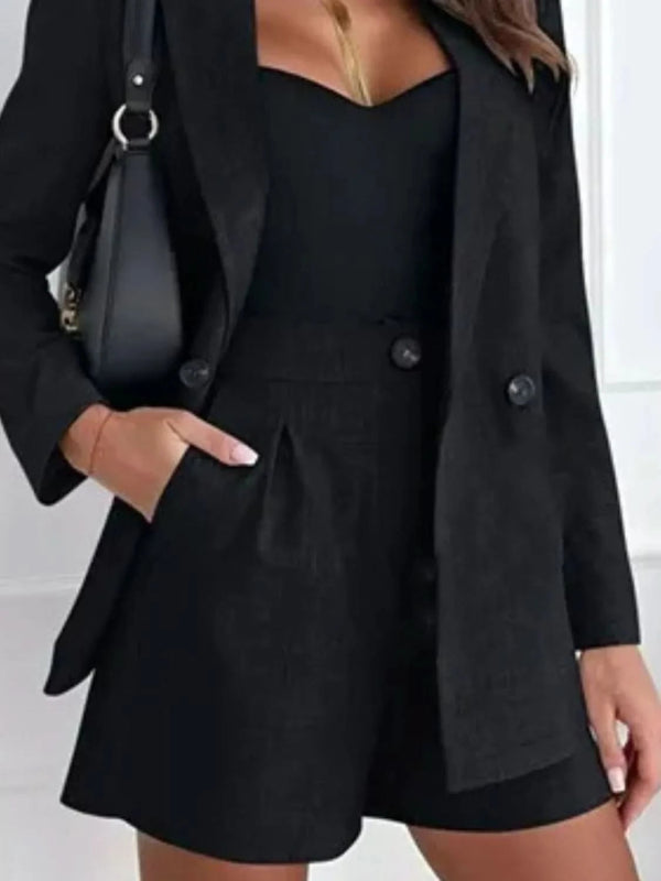 One Button Lapel Collar Blazer and Shorts Set - ShalayeFashion