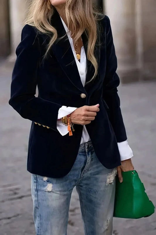 One Button Lapel Collar Long Sleeve Blazer - ShalayeFashion