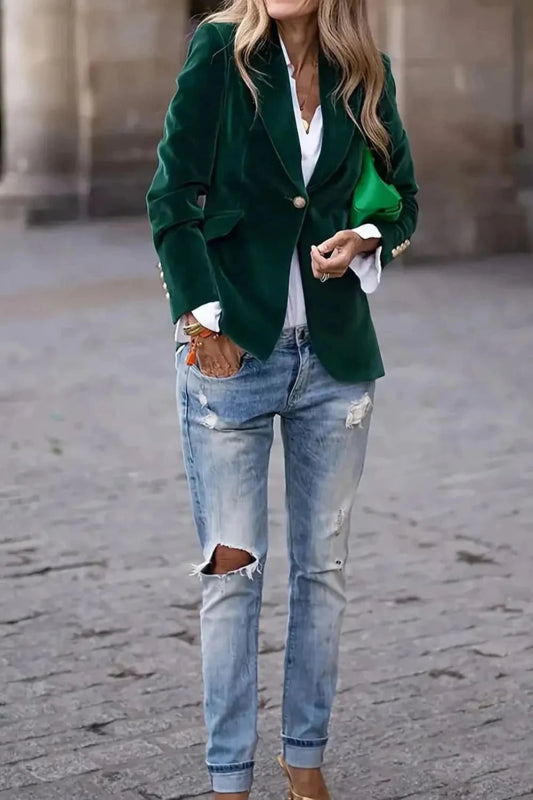 One Button Lapel Collar Long Sleeve Blazer - ShalayeFashion