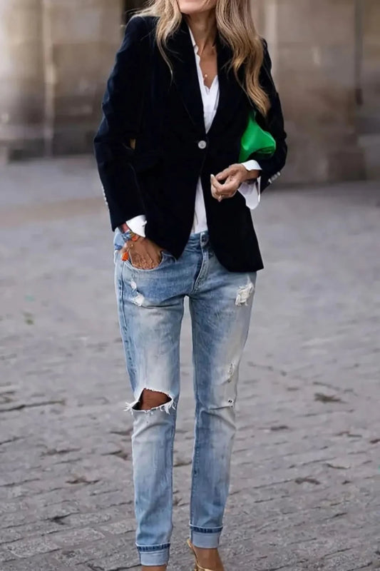 One Button Lapel Collar Long Sleeve Blazer - ShalayeFashion