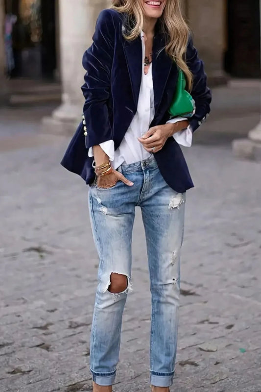 One Button Lapel Collar Long Sleeve Blazer - ShalayeFashion