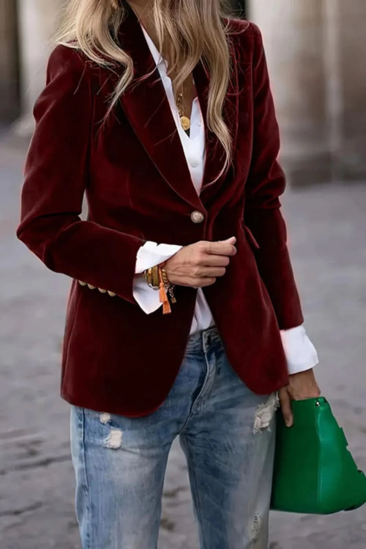 One Button Lapel Collar Long Sleeve Blazer - ShalayeFashion
