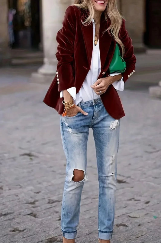 One Button Lapel Collar Long Sleeve Blazer - ShalayeFashion