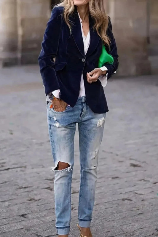 One Button Lapel Collar Long Sleeve Blazer - ShalayeFashion