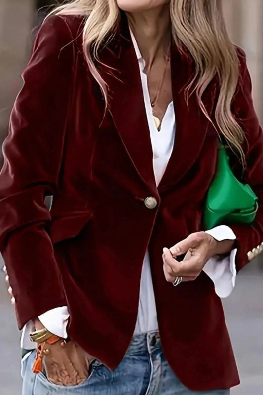 One Button Lapel Collar Long Sleeve Blazer - ShalayeFashion