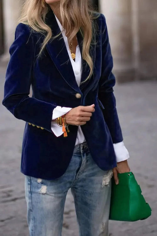 One Button Lapel Collar Long Sleeve Blazer - ShalayeFashion