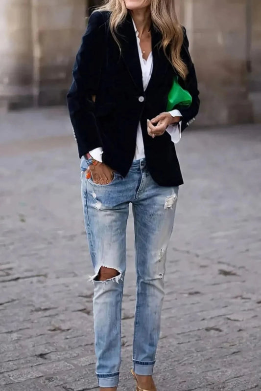 One Button Lapel Collar Long Sleeve Blazer - ShalayeFashion