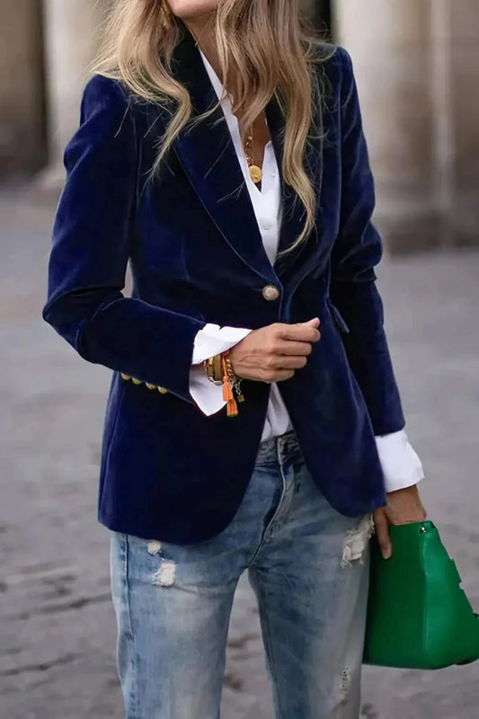 One Button Lapel Collar Long Sleeve Blazer - ShalayeFashion