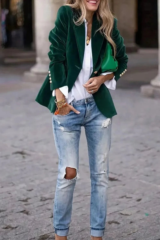 One Button Lapel Collar Long Sleeve Blazer - ShalayeFashion