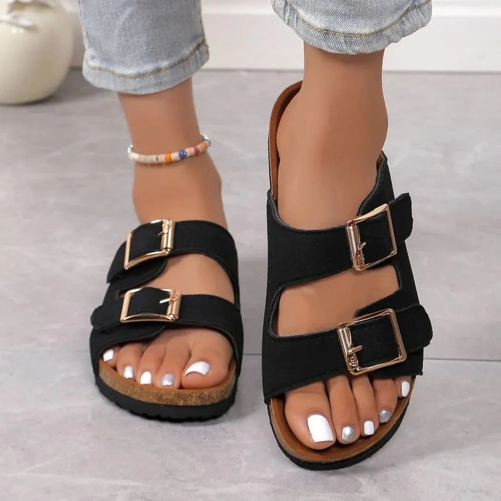 Open Toe Double Buckle Sandals - ShalayeFashion