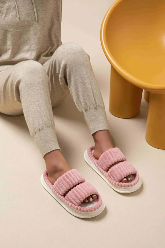 Open Toe Fluff Platform Slippers - ShalayeFashion